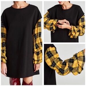 Zara Black Dress with Yellow plaid sleeves- M
